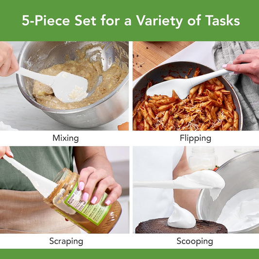 Flex Core 5 Piece Silicone Spatula Set Heat Resistant All Silicone Utensils Include Non Stick Spatula Spoonula Jar Scraper, Dishwasher Safe BPA Free Spatulas for Baking Mixing, White