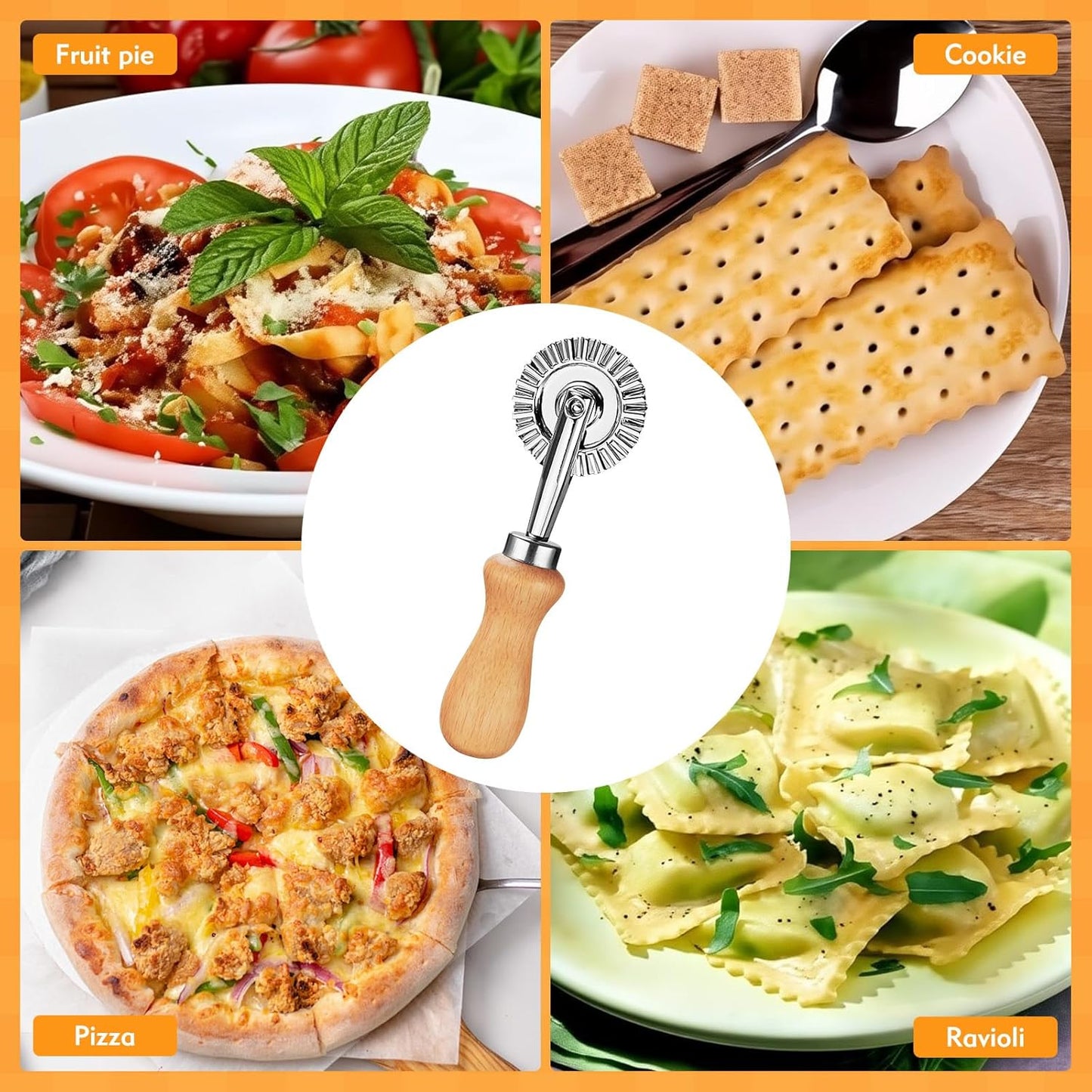 2Pcs Pasta Cutter Wheel Stainless Steel Fluted Pastry Ravioli Cutter Wheel with Wooden Handle Pastry Crimper for Home Kitchen