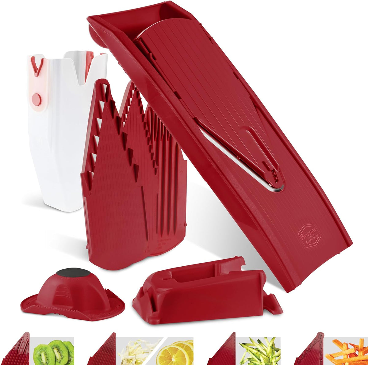 Mandoline Food Slicer V1 (Profi Set) by Reston Lloyd • V-Slicer with 4 Inserts, Docking Station & Food Holder • Made in Germany • Fruit & Vegetable Chopper • Multiple Settings • Color: White