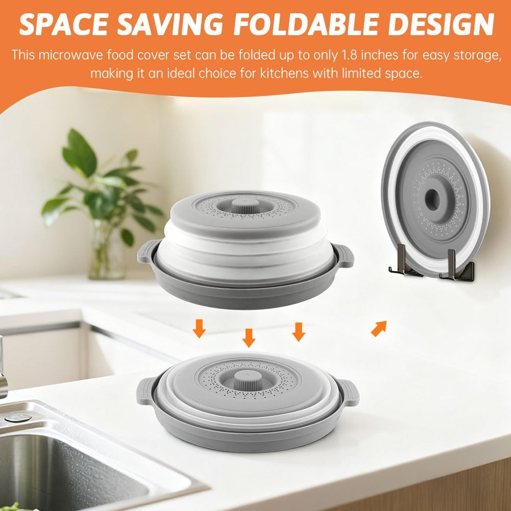 Microwave Splatter Cover 2 in 1 Collapsible Microwave Food Cover with Tray & Handles,Microwave Plate Covers With Steam Vent Fits Bowls,Plates & Pots,Food,Meal Prep(26 * 26 * 7cm,COLOR:Black)