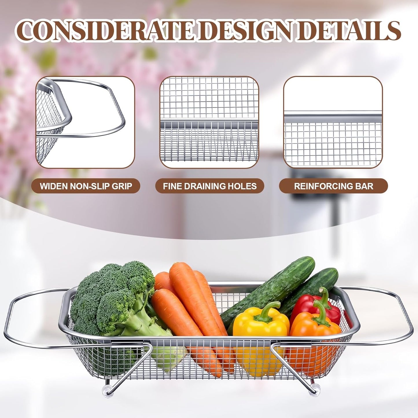 3 Pcs Stainless Steel Over The Sink Colander 4/6/8 Quart Fine Mesh Strainers for Kitchen Multipurpose Strainer with Expandable Handles for Drain, Rinse Fruits, Vegetables, Dishwasher Safe