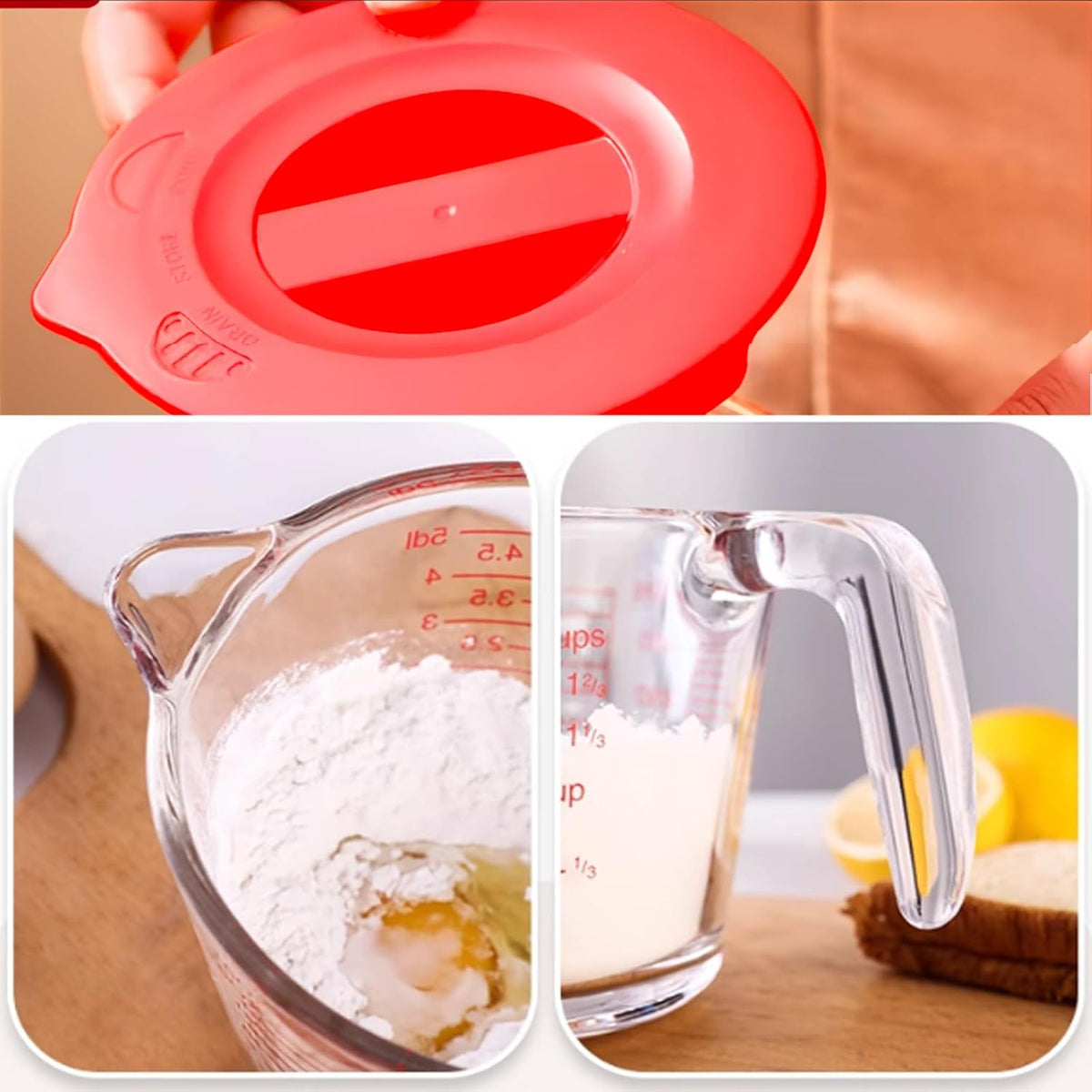 Glass Measuring Cups with Lids Set, Borosilicate Glass V-Shaped Spout Microwave Safe Scales Milk Cup for Cooking Baking (Pink, 2CUP)