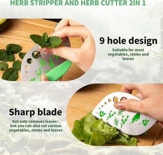 2-Piece Herb Peeling Tool Set 9-Hole Stainless Steel Herb Peeler | Suitable for Rosemary Thyme Basil Kale Collarwort Mint Green - Kitchen Gadget for Easy Leaf Removal