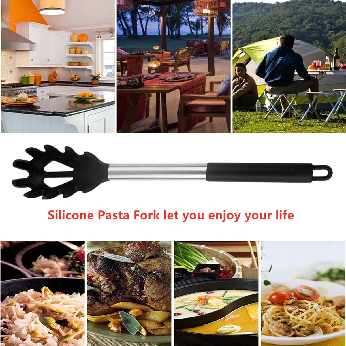 Silicone Pasta Fork,Spaghetti Spoon Kitchen High Heat Resistant Noodle Spoon Server,Food Grade Pasta Spoon with Stainless Steel Handle (Black)