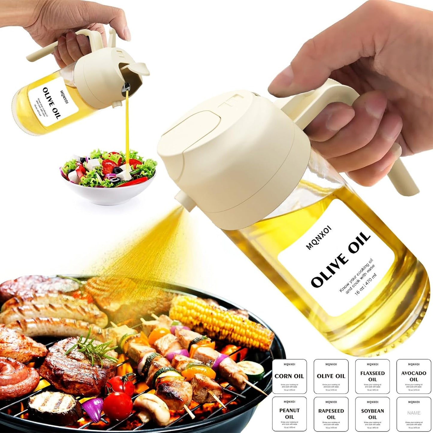 2 in 1 Glass Oil Sprayer & Dispenser,16oz/470ml Olive Cooking, Air Fryer, and Salad, for Kitchen Gadgets and Air Fryer Accessories, w/Stickers (Black)
