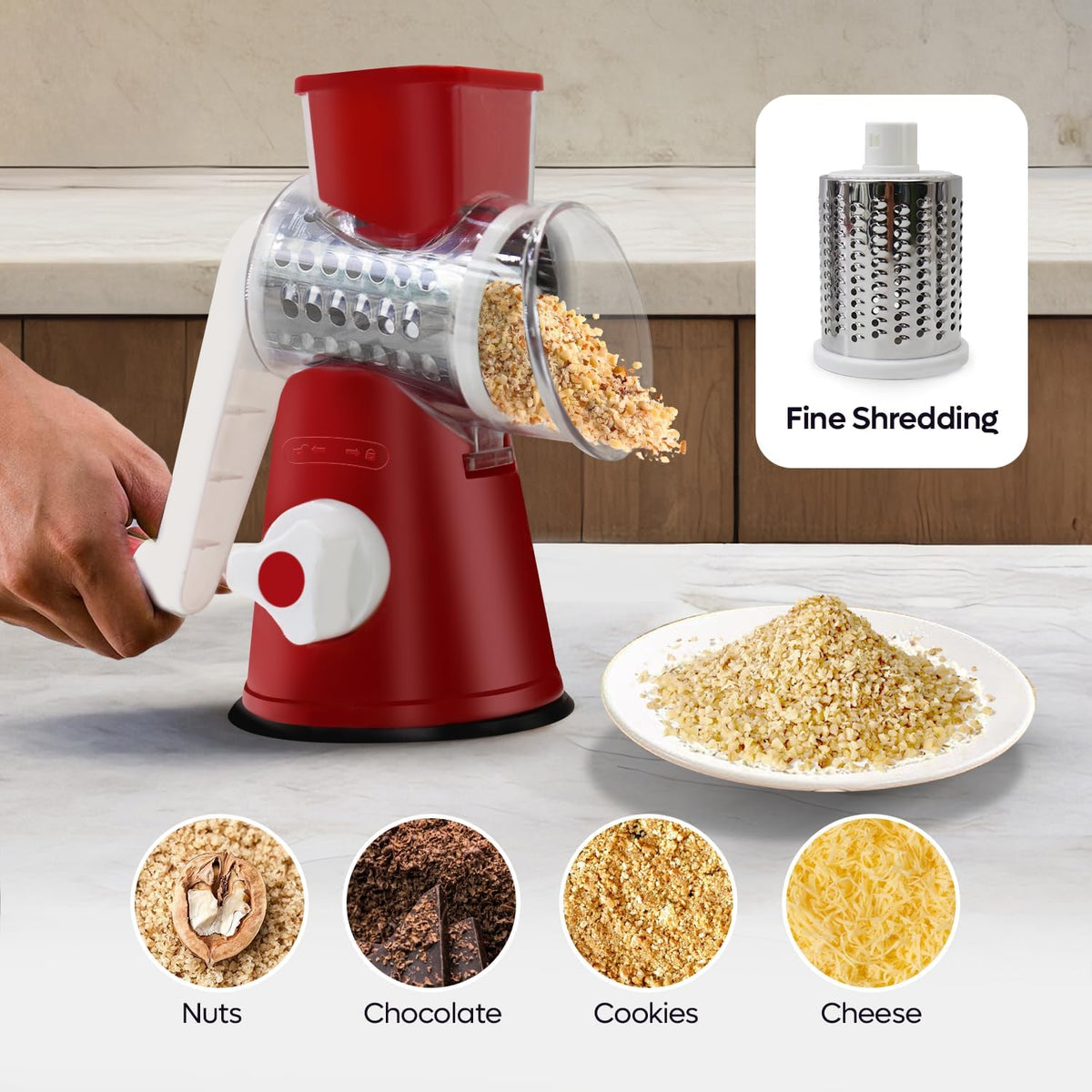Rotary Cheese Grater 3-in-1 – Hand-Crank Vegetable Slicer with Strong Suction Base, Stainless Steel Drum for Cheese, Nuts & Vegetables – Fast & Safe