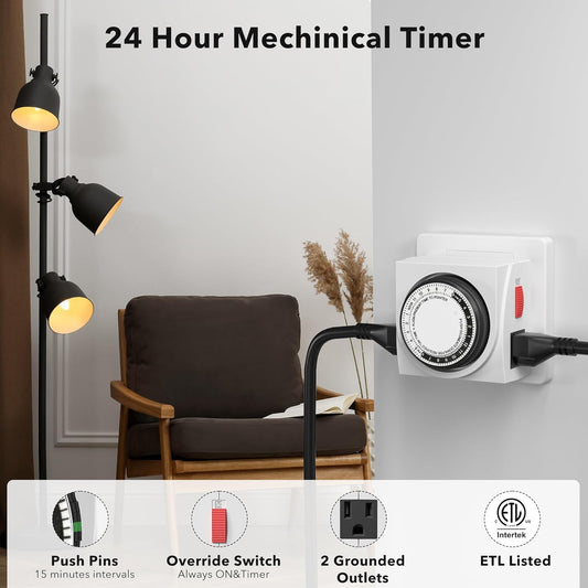 Heavy Duty Dual Outlet Mechanical Timer,24-Hour Light Timer,3-Prong | 15-min intervals; daily repeat; easy setup;Indoor Timer for Christmas Decor,Plant Light,Reptile Tank, Aquarium, ETL,15A/1875W