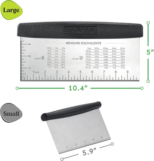 10-Inch Bench Scraper, Stainless Steel Dough Cutter with Scale | Dishwasher Safe, Comfort Grip Handle, Beveled Edge, Conversion Chart, Cake Frosting, Bread Dividing, Pizza Cutting