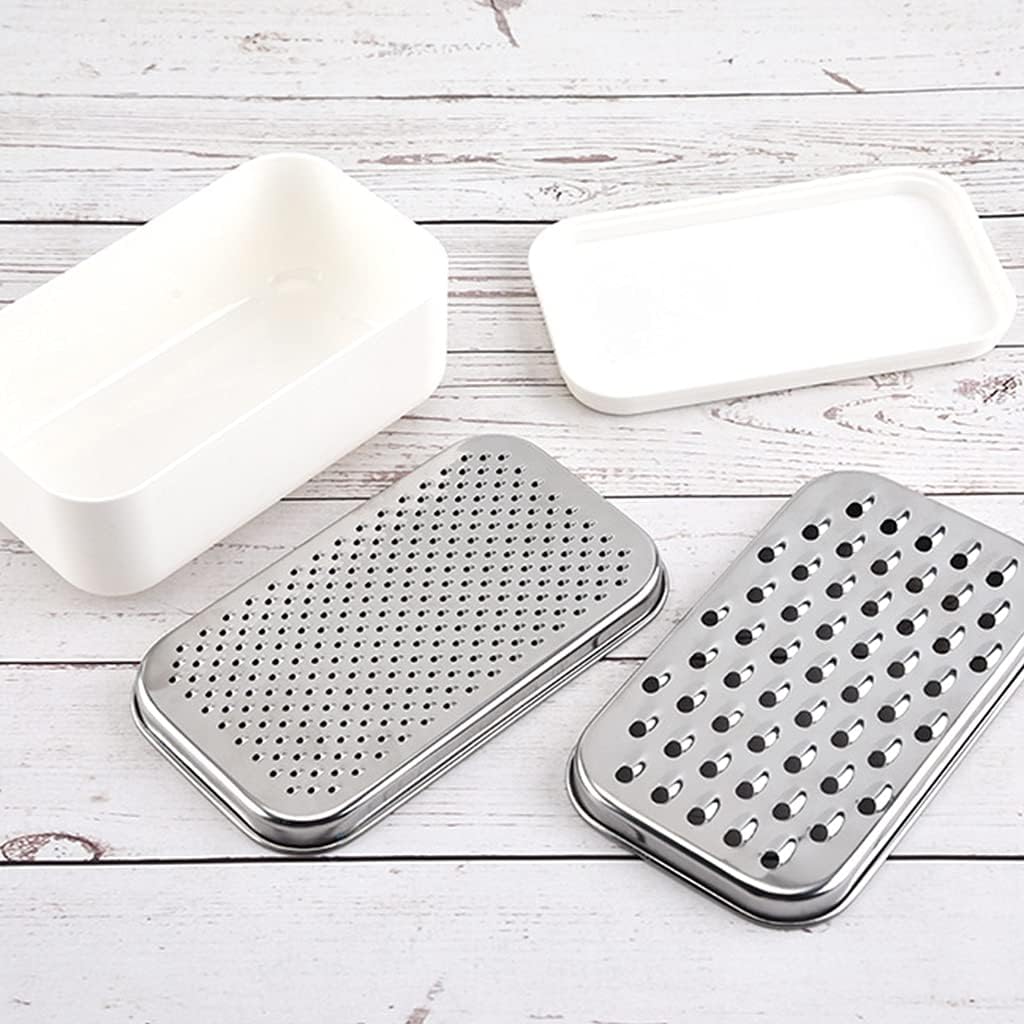 Cheese Grater with Food Saver Container 2 In1 Fruit Vegetable Chopper Onion Choppers with Container Stainless Steel Rectangle Box and Graters Cheese Grater Handheld Metal, White