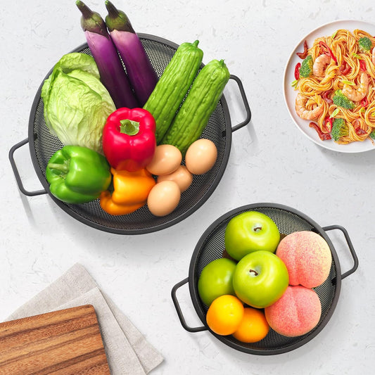 Black Colander for Kitchen, 3QT, Stainless Steel Pasta Strainer with Handle, Pasta Strainer for Fruits Vegetables Cooking Food, Dishwasher Safe