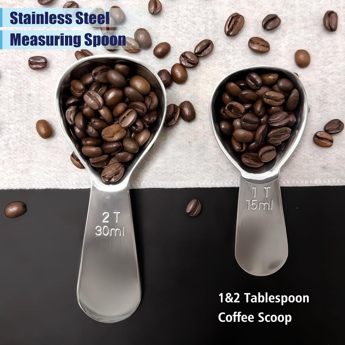 2Pcs 30ml Coffee Scoop 2 Tablespoon, 304 Stainless Steel Measuring Coffee Scoop, Short Handled Measure Scooper for Ground Coffee, Tea, Sugar, Flour, Bean in Canister