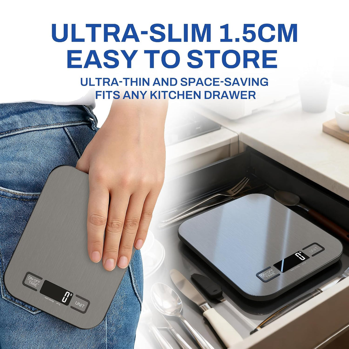 Digital Kitchen Scale, 11 lb/5 kg Food Scale with 1 g Precision, 6 Units, Tare Function and Backlit LCD, Compact Stainless Steel Scale for Baking, Cooking and Meal Prep, 2 AAA Batteries Included