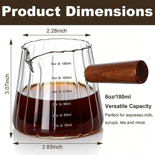 Wooden Handle Coffee Cup with Scale, Espresso Accessories Double Scale Glass Measuring Cup Milk Frother Glass Cup V-Shaped Espresso Cup
