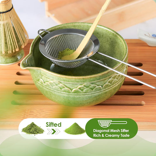 Matcha Whisk Set, 7 Pcs Green Matcha Kit with Bamboo Whisk(Chasen) and Holder, Ceramic Matcha Bowl with Spout, Japanese Tea Set with Matcha Sifter and Scoop