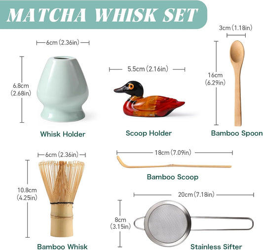 Matcha Whisk Set: Matcha Set with Bamboo Matcha Whisk and Ceramic Holder,Bamboo Scoop+Wooden Spoon,Scoop Holder,Sifter - Cute Matcha Tea Set - 6 Pcs Matcha Kit - Tools for Matchas Ceremonial Grade Kit