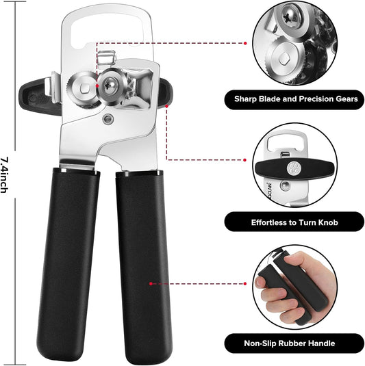 Multifunction Magnetic Manual Can Opener and Bottle Opener, Black | Heavy Duty Sharp Smooth Cutting Stainless Steel Blade, Effortless Easy Turn Knob, Comfortable Grip Handle, Easy to Use