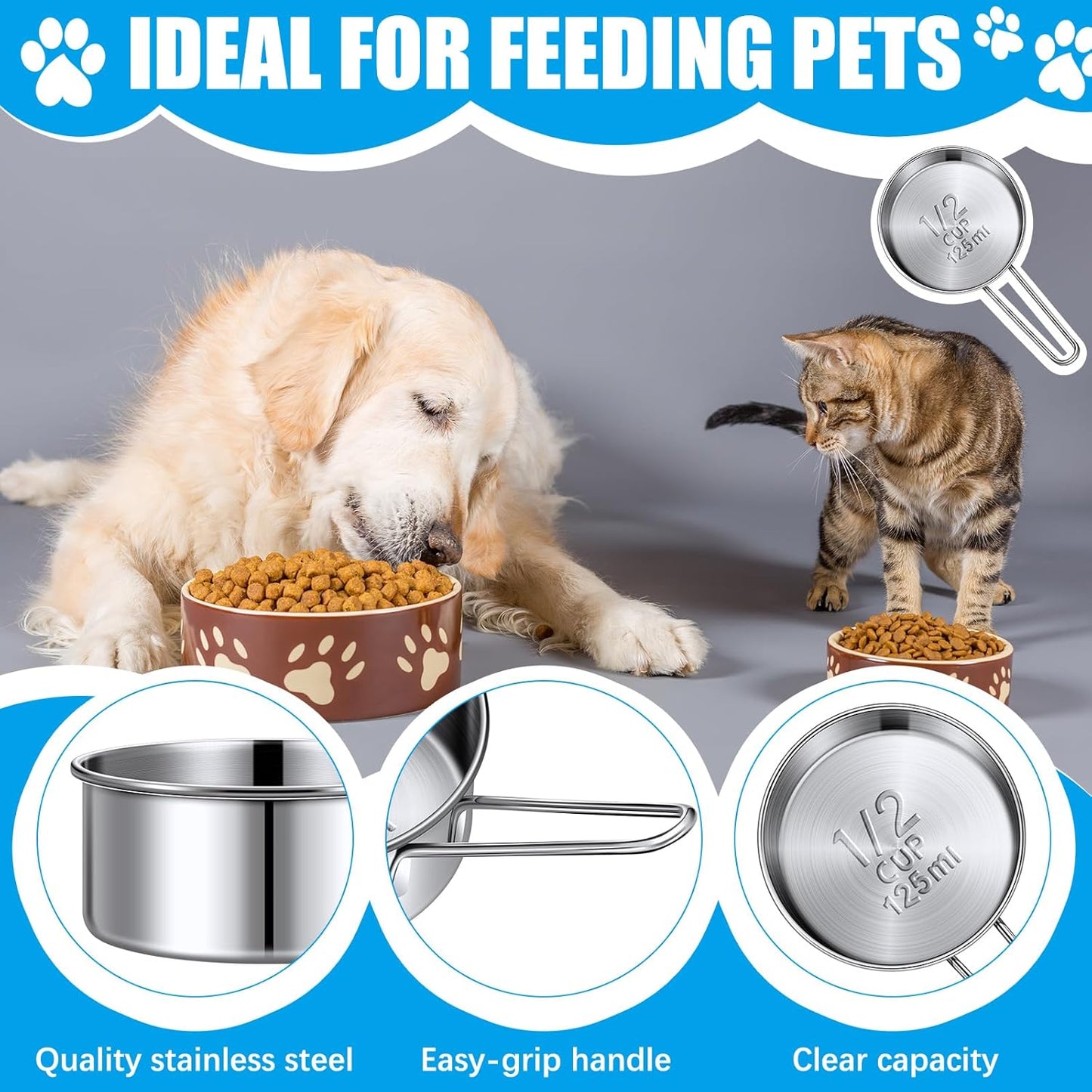 3 Pack 1/2 Measuring Cups 1/2 Dog Cat Food Stainless Steel Scoop Cup with Handle Portion Control for Wet and Dry Ingredients for Dog Cat Bird
