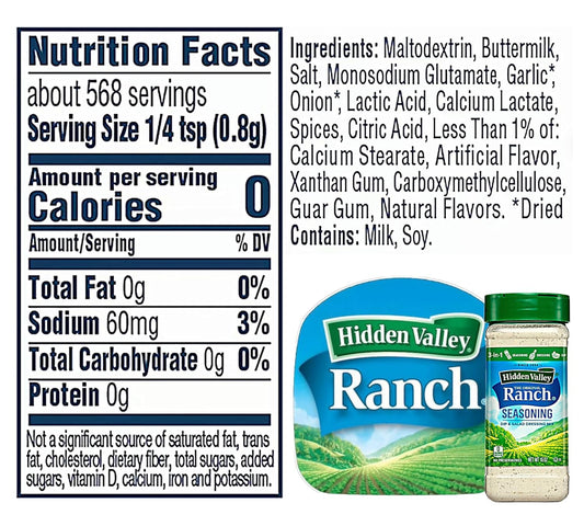 Ranch Seasoning Powder | Hidden Valley Original Ranch Salad Dressing, Seasoning Mix and Dip | Zero Saturated Fat, Trans fat and Cholesterol | with the Hint of Creamy Buttermilk & Keto Friendly | 16 Fl oz Shaker Bottles | Value Pack of 2