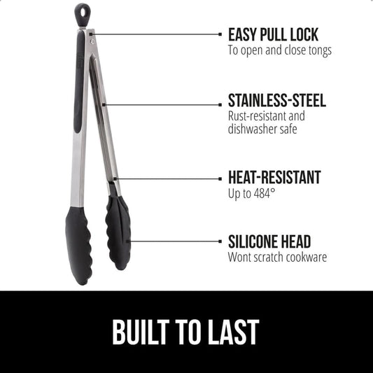 Stainless Steel BPA-Free Kitchen Tongs for Cooking, Heat Resistant BBQ Tong Set of 2, Non Scratch Silicone Tip for Pan, Strong Grip, Grab Food, Toss Salad, Pull Lock, 7+9 Inch, Black