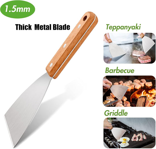 Metal Griddle Spatula Scraper Tool For Barbecue Food, 3 Pack | Stainless Steel Griddle Scraper For Flat Top Grill, Heavy Duty Grill Scraper Diner Flat Straight Blade With Wooden Handle