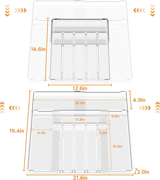 BPA-Free Expandable Utensil Drawer Organizer - Clear Plastic Adjustable Storage Tray for Kitchen Flatware, Knives, Forks and Spoons