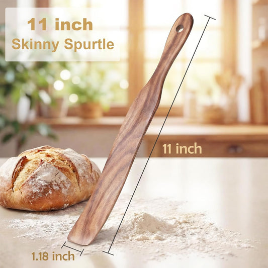 2 Pcs Solid Wood Spurtles, Thin Acacia Wood Stirrer for Sourdough Starter Jar Bottom, Long Handle Non-Scratch Heat Resistant Baking Utensils, Gift for Bakers