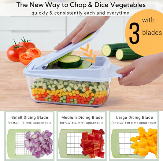 QuickPush Manual Vegetable Chopper: 8-Cup Push-Down Onion Dicer & Food Chopper, 3 German Steel Blades, BPA-Free Container with Keep-Fresh Lid and Cleaning Comb - Manual, Dishwasher Safe
