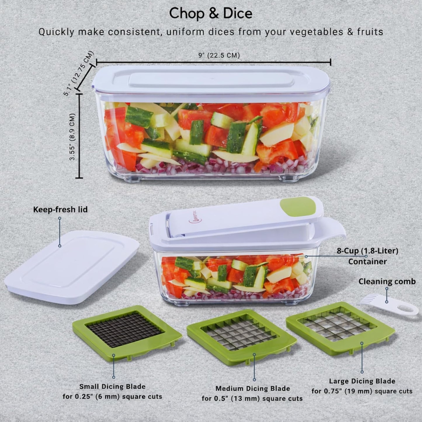 QuickPush Manual Vegetable Chopper: 8-Cup Push-Down Onion Dicer & Food Chopper, 3 German Steel Blades, BPA-Free Container with Keep-Fresh Lid and Cleaning Comb - Manual, Dishwasher Safe