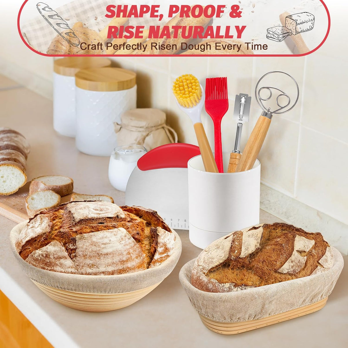 Sourdough Proofing Basket Gift Set, 9" Round and 10" Oval Banneton Bread Baking Supplies, Sourdough Baskets with Bread Lame, Danish Whish, Bowl Scraper, Sourdough Scraper, and Linen Liner