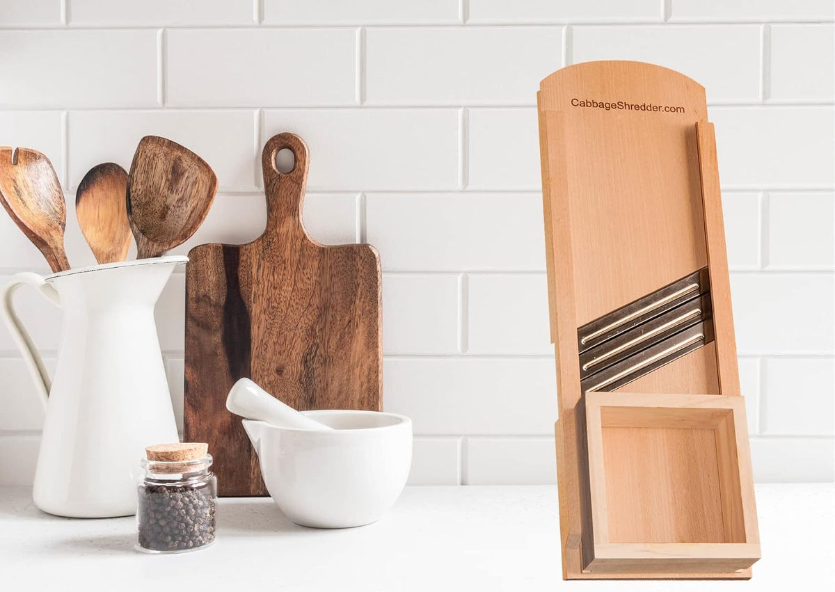 Wooden , Mandoline Slicer for Sauerkraut, Coleslaw. Finger Protection Box, Cut Resistant Glove. Pre-Oiled. Made in Poland!