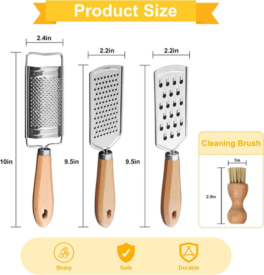 Handheld Cheese Graters with Cleaning Brush | Stainless Steel Vegetable Grater with Wood Handle Multifunctional Kitchen Food Shredder