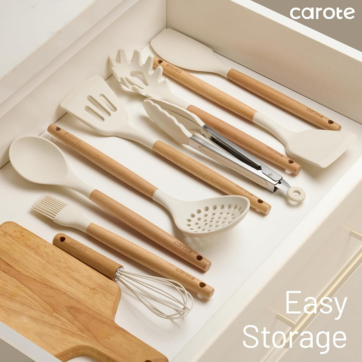 Kitchen Utensils Set with Wood Cool-Touch Handles, Cream