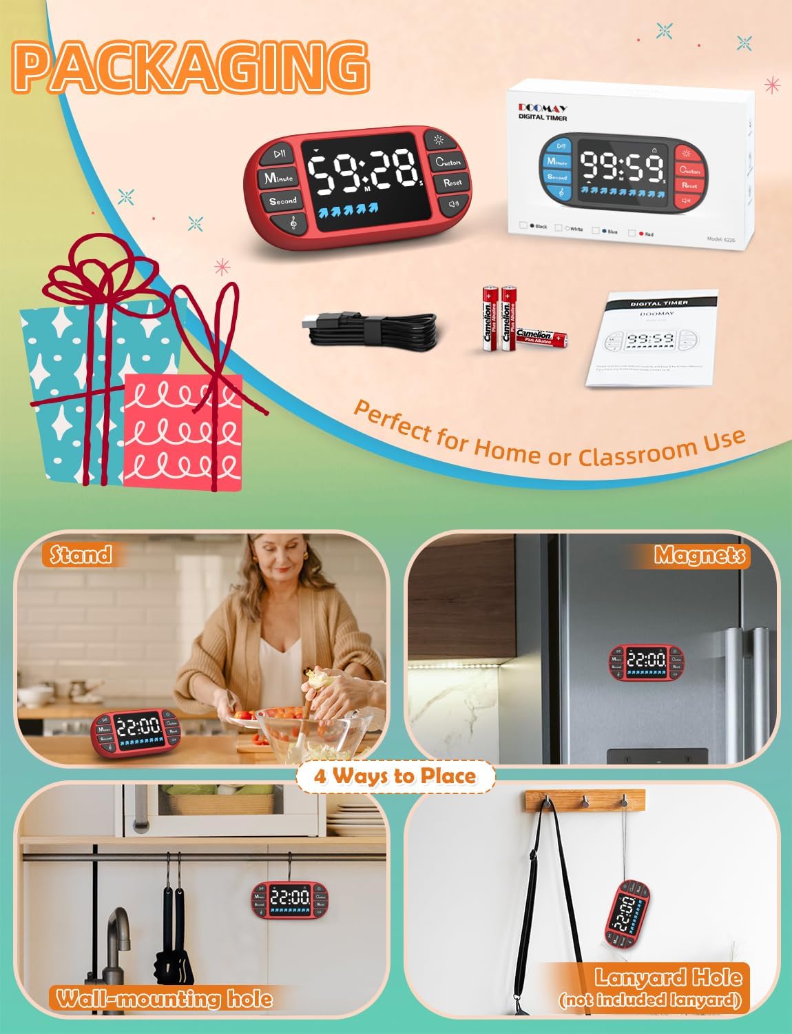 Digital Kitchen Visual Timer: 3.6'' Large LED Display, Magnetic, 3 Brightness, 4 Alarms and Volume, Memory Function, Countdown Count up for Cooking, Classroom, Home Gym, AAA Battery Included