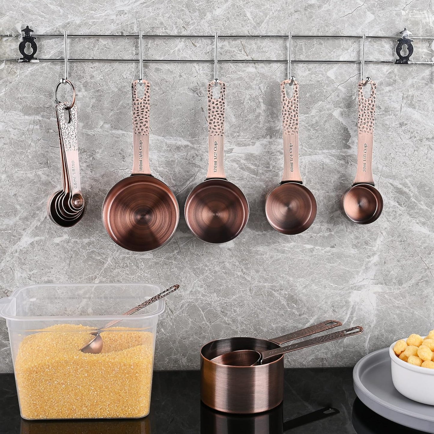 Measuring Spoons Set 7, Copper Plated Measuring Spoons Set for Baking & Kitchen, Metric &US Stainless Steel Measure Tools with Leveler for Dry & Liquid