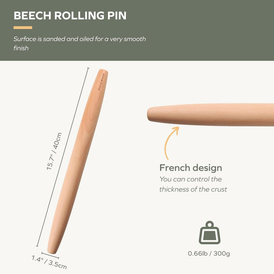 Wooden French Rolling Pin for Baking, Beech Wood Tapered Rolling Pin for Fondant Pie Crust Cookie Pastry(French 15.75-Inch)