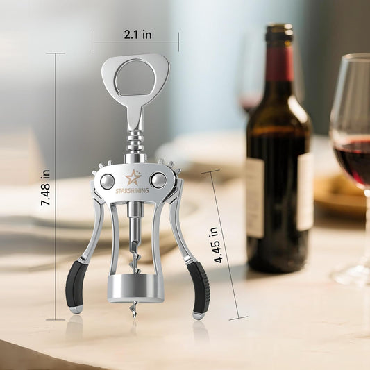 Heavy Duty Wing Corkscrew Wine Opener Polished Silver | Premium Zinc Alloy Manual Bottle Opener with Ergo Handles, Reliable Sommelier Cork Remover for Wine Bottles