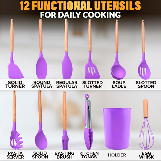 12 Pcs Purple Kitchen Accessories Set with Holder, Silicone Heads | Purple Kitchen Utensils Set for Cooking and Baking; Wooden Handles; Heat-Resistant up to 446°F; Non-Scratch for Nonstick Pans