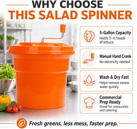 5-Gallon Commercial Salad Spinner Dryer | Heavy Duty Large Lettuce Dryer & Vegetable Washer – Manual Food Prep Spinner for Restaurants & Catering