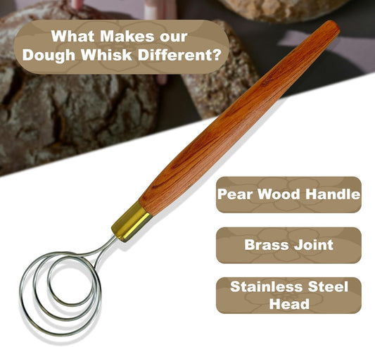 Danish Dough Whisk for Sourdough - 14” Stainless Steel Dough Mixer, Premium Wood Handle - Dutch Whisk for Bread, Bread Making Tools