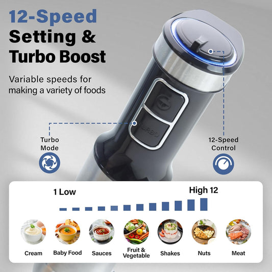Immersion Blender Handheld, 6 in 1 Hand Blender Stainless Steel | 12 Speed, Whisk, Chopper, Beaker, Beaters, Milk Frother, mini food processor, smoothie blender, dishwasher safe