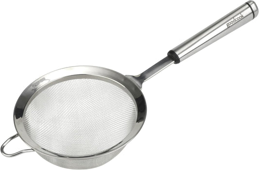 Gourmet 6-inch Hand Strainer, Stainless Steel Diamond Shaped Ergonomic Handle with Hang Loop