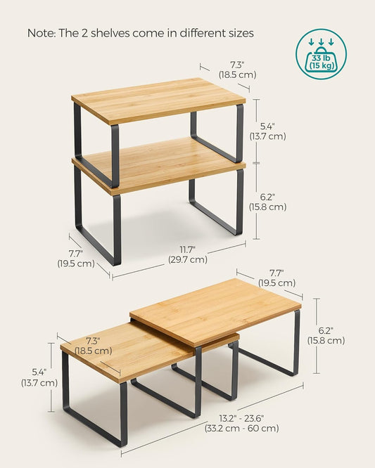 Cabinet Organizer Shelf, Set of 2 Kitchen Counter Shelves, Kitchen Storage, Spice Rack, Stackable, Expandable, Metal and Engineered Wood, 11.7 Inches, Ink Black and Natural Beige UKCS02NB