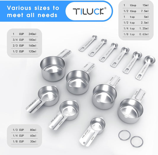 TILUCK Stainless Steel Measuring Cups & Spoons Set,Coffee Scoop Spoon | Kitchen Gadgets for Cooking & Baking,Set of 13