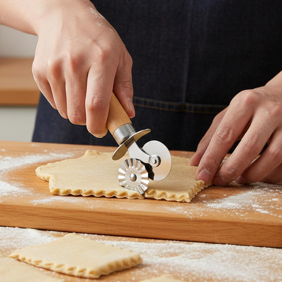 Double Wheel Pastry Cutter with Premium Wooden Handle, Stainless Steel Dual-Head Ravioli & Pasta Cutter for Pizza, Cookies, and Pasta, Multipurpose Baking Tool for Kitchen