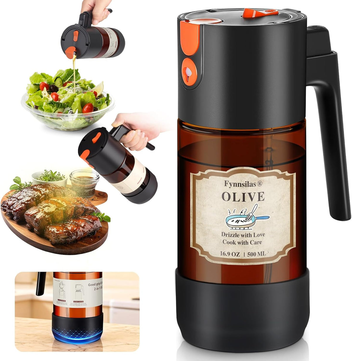 2-IN-1 Oil Sprayer for Cooking with 8 Stickers Light-Blocking Dark Glass Olive Oil Dispenser Bottle for Kitchen 500ml/16.9oz Oil Mister for Air Fryer, BBQ,Salad Even Spray with Portion Control