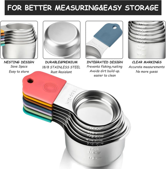 Magnetic Measuring Cups and Magnetic Measuring Spoons Set Stainless Steel | Including 7 Stackable Measuring Cup 8 Dual Sided Measuring Spoon with Leveler for Measuring Dry Liquid Ingredient