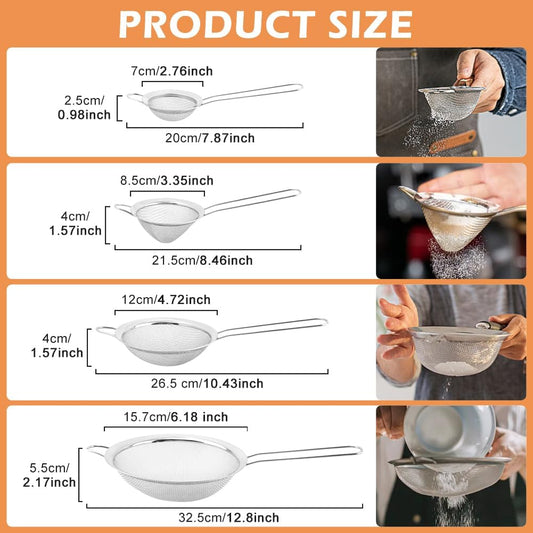 Mesh Strainer Set 4 Pack Fine Mesh Sieves 2.76-6.18 In | Tea and Coffee Filtering, Flour Sifting, Grain Rinsing, Long Handles, Conical and Round Shapes, Dishwasher Safe