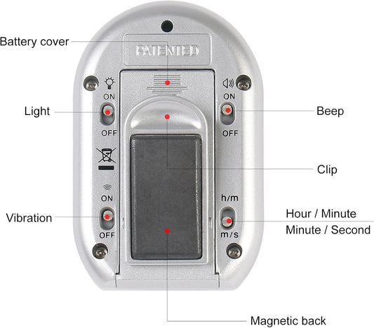x-wlang 3-in-1 Alerts timer 1013 with vibration ,beep and flash.(kitchen timer ,medical timer,therapeutic timer), silver