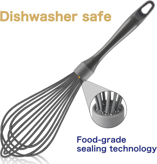 Dishwasher Safe Silicone Whisk, 12-Inch, Non-Scratch, Grey | Sealed Waterproof Handle, 1.75 mm Stainless Steel Wires, 0.4 mm Silicone Coating, BPA-Free, 450°F Heat Resistance