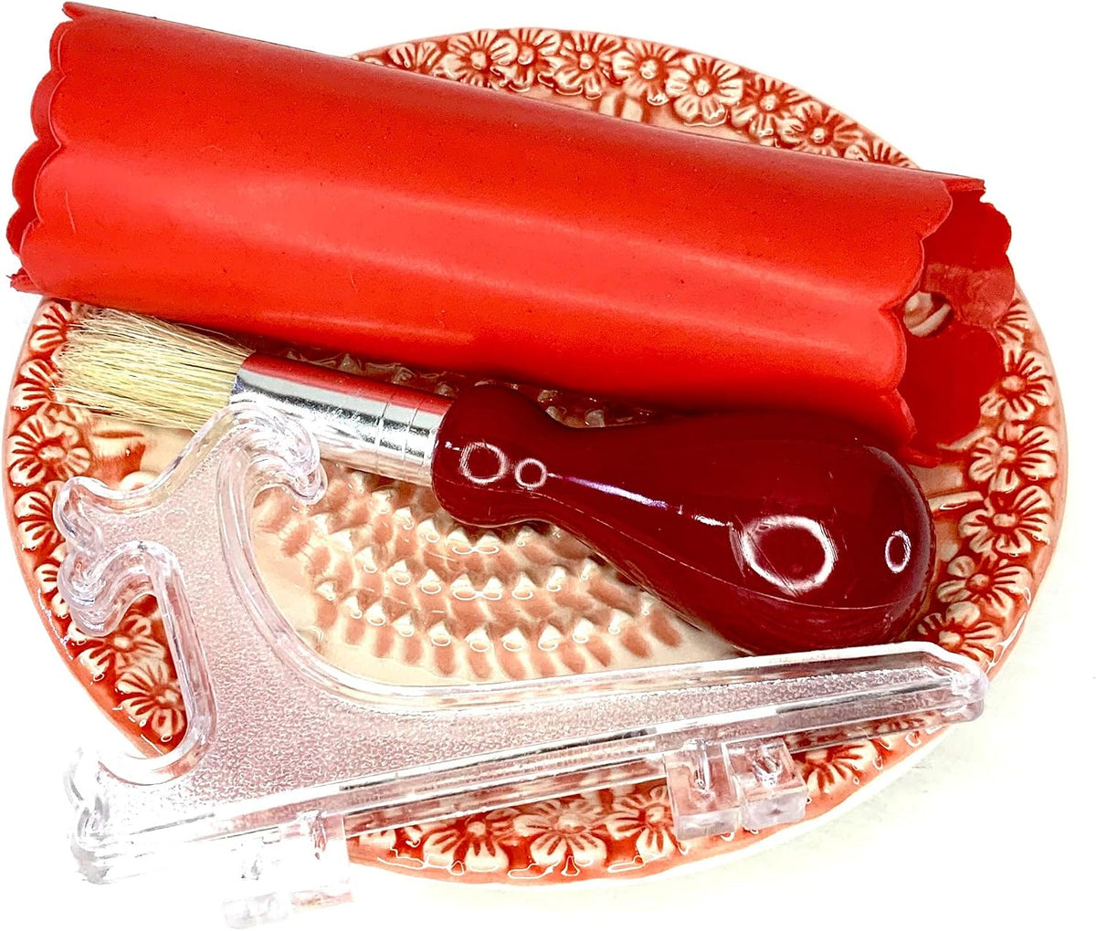Premium Ceramic Garlic Grater Plate Set - Red Embossed